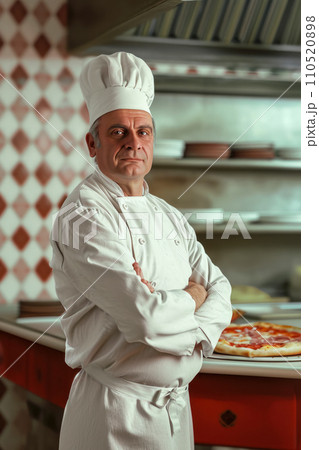 Portrait of an adult Italian pizzeria chef, vertical shot of a chef in a cafe, idea for a small local business concept 110520898
