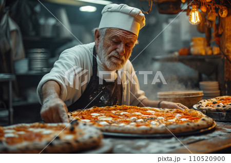 Old pizzeria chef realistic portrait of chef at work, delivering fresh pizza, idea for small local business concept 110520900