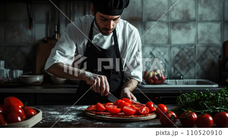 Young chef in the kitchen of a pizzeria cutting fresh tomatoes for pizza, horizontal portrait, small local business delivering fresh pizza 110520910
