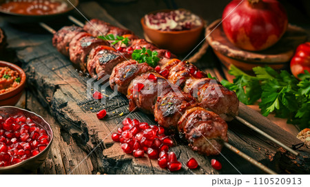Georgian Mtsvadi kebab with ripe broken pomegranate grains and appetizer Pkhali and Badrijani lie on an old wooden table in a tavern, lunch and idea for a menu in a traditional cafe 110520913