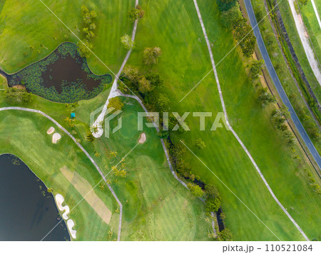 Aerial view of beautiful green golf field fairway and putting green, Top down image for sport background and travel nature background, Amazing green nature view Aerial view of beautiful green golf field fairway and putting green, Top down image for sport background and travel nature background, Amazing green nature view 110521084