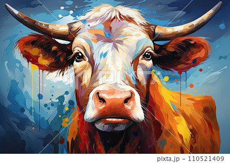 cow, cattle, livestock, the muzzle of an animal, head with horns. colorful illustration, Generative AI 110521409