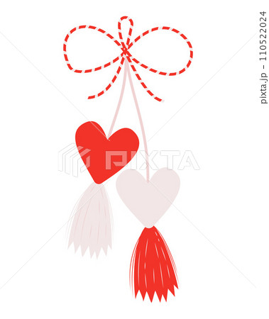 Martenitsa, amulet. Martisor holiday. Red and white heart. Romantic tradition folk symbol made of threads. meeting of early spring 110522024