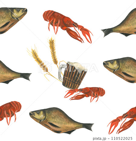 Watercolor illustration of beer, boiled crayfish, ear of barley and smoked bream. Seamless pattern isolated on white background 110522025