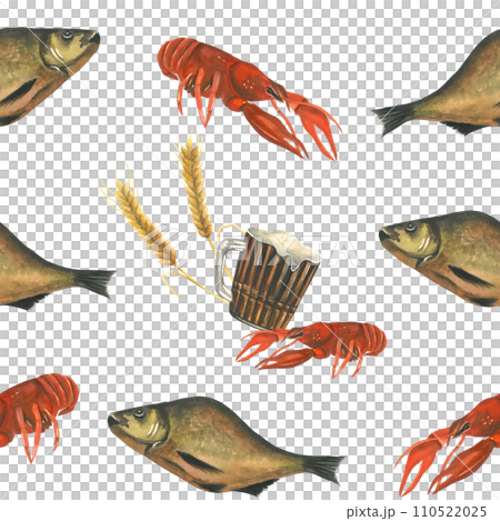 Watercolor illustration of beer, boiled crayfish, ear of barley and smoked bream. Seamless pattern isolated on white background 110522025