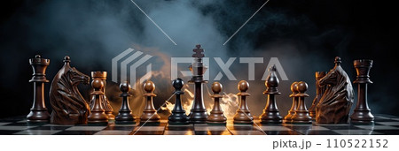 Chess pieces standing on a chessboard. Strategy of playing and winning, abstract, Generative AI 110522152