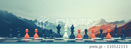 Chess pieces standing on a chessboard. Strategy of playing and winning, abstract, Generative AI 110522153