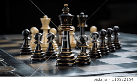 Chess pieces standing on a chessboard. Strategy of playing and winning, abstract, Generative AI 110522154