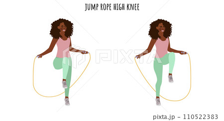 Young woman doing jump rope high knee exercise Young woman doing jump rope high knee exercise 110522383