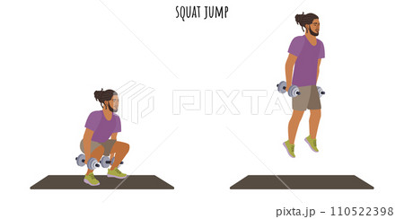 Young man doing squat jump exercise Young man doing squat jump exercise 110522398