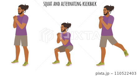 Young man doing squat and alternating kickback Young man doing squat and alternating kickback 110522403
