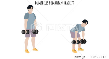 Asian young man doing dumbbells deadlift exercise Asian young man doing dumbbells deadlift exercise 110522516