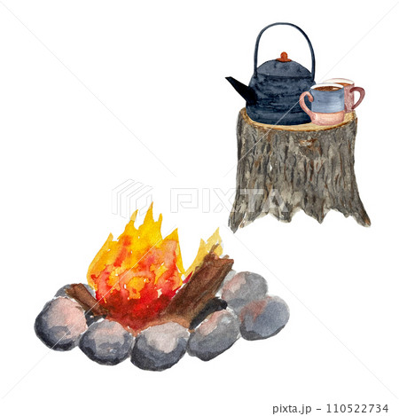 Watercolor camping kettle mugs bonfire set isolated on white 110522734
