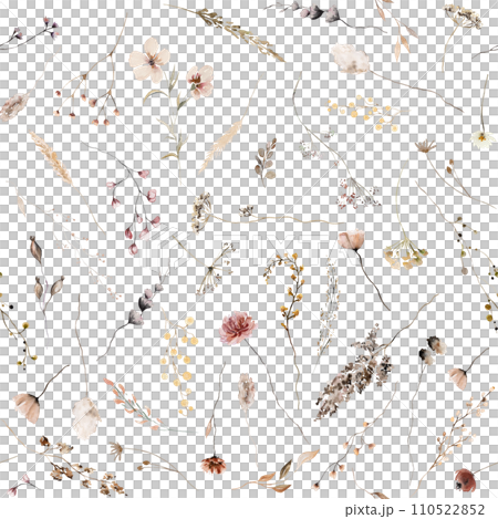 Seamless pattern made of brown, dark red and beige watercolor wild flowers and leaves illustration Seamless pattern made of brown, dark red and beige watercolor wild flowers and leaves illustration 110522852