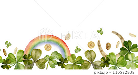 Watercolor hand drawn illustration, Saint Patrick holiday. Leprechaun gold coins rainbow, lucky clover and horseshoe. Seamless border. Isolated on white background. Invitations, print, website, cards. Watercolor hand drawn illustration, Saint Patrick holiday. Leprechaun gold coins rainbow, lucky clover and horseshoe. Seamless border. Isolated on white background. Invitations, print, website, cards. 110522938
