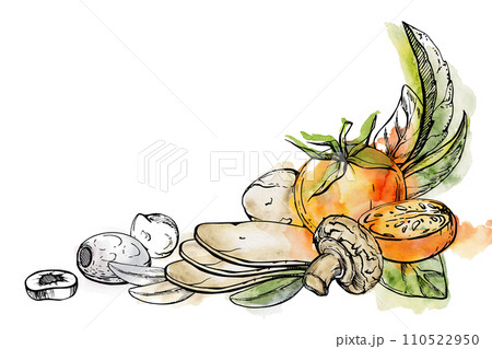 Hand drawn watercolor ink illustration. Tomato champignon mozzarella cheese basil herb leaves fresh products meal. Corner frame isolated on white. Restaurant menu, cafe, food shop or package, print Hand drawn watercolor ink illustration. Tomato champignon mozzarella cheese basil herb leaves fresh products meal. Corner frame isolated on white. Restaurant menu, cafe, food shop or package, print 110522950