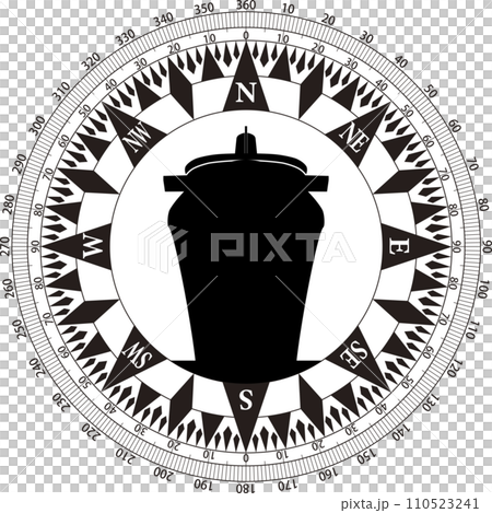 Icon with a compass rose and a passenger ship seen from the bow direction Icon with a compass rose and a passenger ship seen from the bow direction 110523241