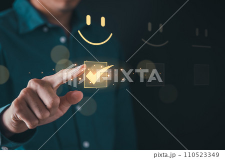 Business man select satisfied survey rating for customer satisfaction scores. customer satisfaction concept. Business man select satisfied survey rating for customer satisfaction scores. customer satisfaction concept. 110523349