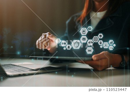 Cyber security and data protection. Businesswoman protecting personal data on digital tablet Cyber security and data protection. Businesswoman protecting personal data on digital tablet 110523447