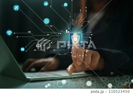 Businesswoman using laptop protecting financial data. Cyber security technology prevent Businesswoman using laptop protecting financial data. Cyber security technology prevent 110523450