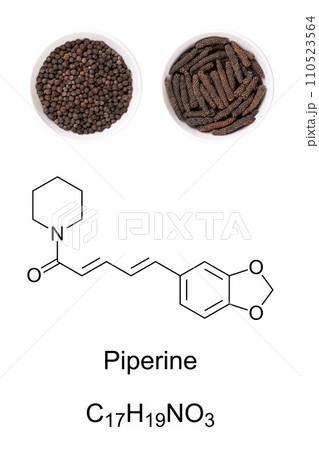 Dried black peppercorns and long pepper catkins in white bowls, with chemical formula and structure of piperine, the compound, responsible for the pungency. Used as spice and in traditional medicine. Dried black peppercorns and long pepper catkins in white bowls, with chemical formula and structure of piperine, the compound, responsible for the pungency. Used as spice and in traditional medicine. 110523564