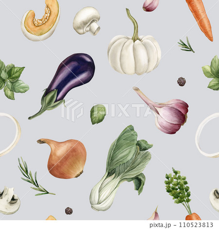 Watercolor seamless pattern with colorful vegetables and spices on light grey blue background. For use in design, fabric, textile, scrapbooking, wallpaper, wrapping papper, gift boxes, greeting cards. Watercolor seamless pattern with colorful vegetables and spices on light grey blue background. For use in design, fabric, textile, scrapbooking, wallpaper, wrapping papper, gift boxes, greeting cards. 110523813