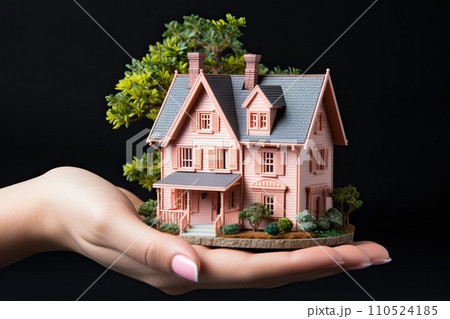 A man's hand holds a small house, a miniature of a family home. A man's hand holds a small house, a miniature of a family home. 110524185
