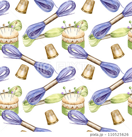 watercolor seamless pattern of embroidery theme, hand drawn sketch of handiwork with flosses, yarn, pins, thimble, pincushion, embroidery tools, skein of thread isolated on white background 110525626
