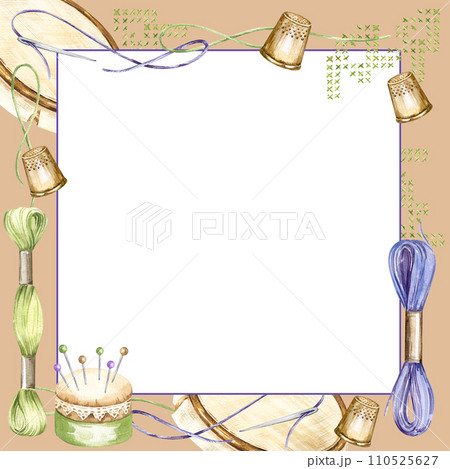 watercolor white frame with embroidery tools, hand drawn sketch of handiwork with flosses, yarn, pins, thimble, pincushion, embroidery frame, skein of thread, cross stitch on pastel brown background 110525627