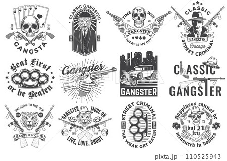 Set of gangster club badge design. Vector illustration. Vintage monochrome label, sticker, patch with gangster, submachine gun and tiger gangster skull silhouettes. Set of gangster club badge design. Vector illustration. Vintage monochrome label, sticker, patch with gangster, submachine gun and tiger gangster skull silhouettes. 110525943