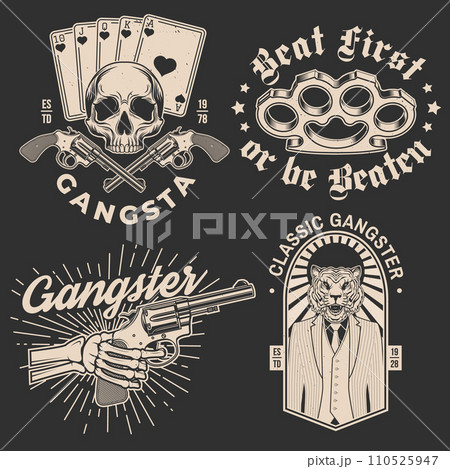Set of gangster club badge design. Vector illustration. Vintage monochrome label, sticker, patch with gangster, submachine gun and tiger gangster skull silhouettes. 110525947