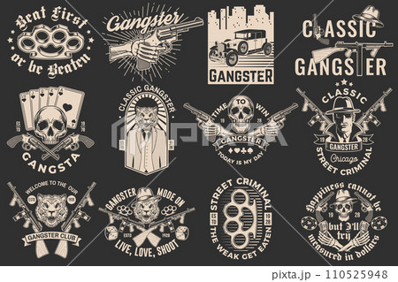 Set of gangster club badge design. Vector illustration. Vintage monochrome label, sticker, patch with gangster, submachine gun and tiger gangster skull silhouettes. Set of gangster club badge design. Vector illustration. Vintage monochrome label, sticker, patch with gangster, submachine gun and tiger gangster skull silhouettes. 110525948