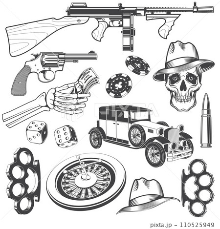 Gangster set. Vector illustration. Vintage monochrome icon casino wheel, knuckle, dice, retro car, skeleton hand holding a revolver, submachine gun and gangster skull silhouettes. Gangster set. Vector illustration. Vintage monochrome icon casino wheel, knuckle, dice, retro car, skeleton hand holding a revolver, submachine gun and gangster skull silhouettes. 110525949