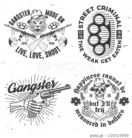 Set of gangster club badge design. Vector illustration. Vintage monochrome label, sticker, patch with gangster, submachine gun and tiger gangster skull silhouettes. Set of gangster club badge design. Vector illustration. Vintage monochrome label, sticker, patch with gangster, submachine gun and tiger gangster skull silhouettes. 110525950
