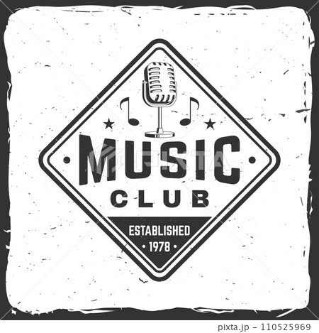 Music club logo, badge, label. Retro poster, banner with microphone, vintage typography design for t shirt, emblem, logo, badge design. Vector illustration. Equipment for listening and recording sound Music club logo, badge, label. Retro poster, banner with microphone, vintage typography design for t shirt, emblem, logo, badge design. Vector illustration. Equipment for listening and recording sound 110525969