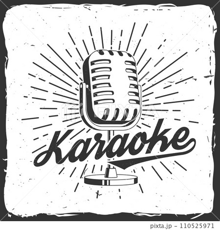 Karaoke party poster, banner. Retro microphone with sunburst vintage typography design for t shirt, emblem, logo, badge design. Vector illustration Karaoke party poster, banner. Retro microphone with sunburst vintage typography design for t shirt, emblem, logo, badge design. Vector illustration 110525971