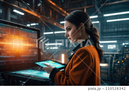 Female Engineer use augmented reality software in smart factory production line with automated application . Futuristic machinery in working in concept of Industry 4.0 or 4th industrial revolution.. 110526342