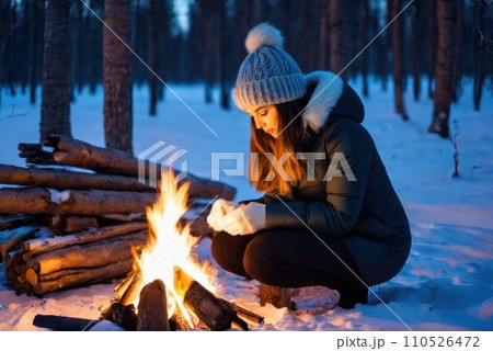 young traveler hiker women hands warm by the fire. She sit near the flame. Caucasian woman warms hands near small bonfire at winter wilderness evening. Travel, Survival, lifestyle concept.. AI young traveler hiker women hands warm by the fire. She sit near the flame. Caucasian woman warms hands near small bonfire at winter wilderness evening. Travel, Survival, lifestyle concept.. AI 110526472