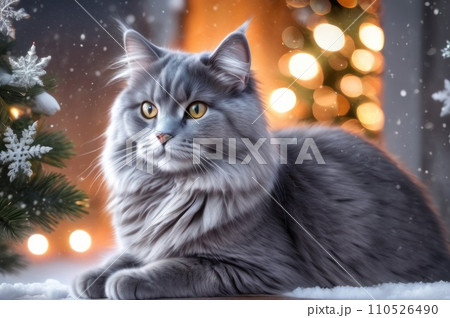 A fluffy gray cat sitting in the snow on Christmas eve. New year greeting card concept. AI A fluffy gray cat sitting in the snow on Christmas eve. New year greeting card concept. AI 110526490
