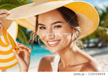 Close up face of young stylish woman wearing straw hat at beach. Happy tanned latin woman laughing during summer holiday. Beautiful smiling fashionable girl relaxing at beach on vacation. AI 110526644