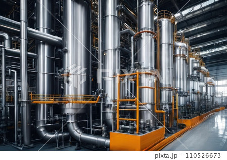 Equipment and piping inside of modern industrial petrochemical power plant for gas or oil industry. Oil refinery plant from industry, pipe line steel close up. AI 110526673