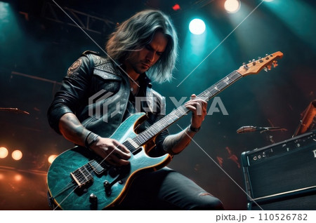 A guitar player making rock during concert. Rock band performs on stage. Guitarist plays solo. Hellish rock musician with electric guitar playing metal. AI 110526782