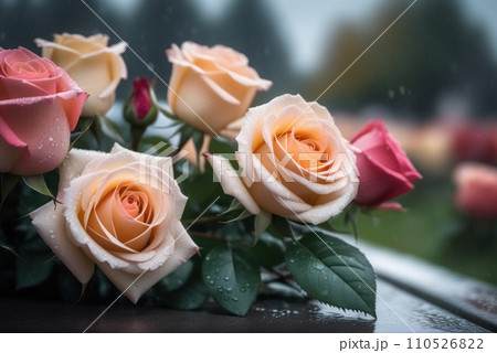 bouquet of roses at rainy funeral cemetery with bokeh. AI 110526822