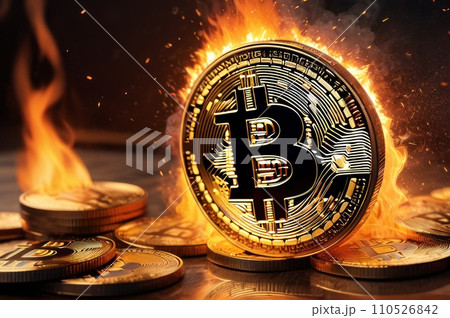 Bitcoin metal coin is burning with flame. Hot price or value and high exchange rate of crypto currency on market. It is crisis and fall to lose investments due to financial risk. Money falls on Bitcoin metal coin is burning with flame. Hot price or value and high exchange rate of crypto currency on market. It is crisis and fall to lose investments due to financial risk. Money falls on 110526842
