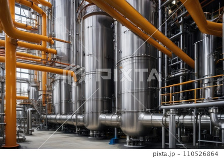 Equipment and piping inside of modern industrial petrochemical power plant for gas or oil industry. Oil refinery plant from industry, pipe line steel close up. AI 110526864