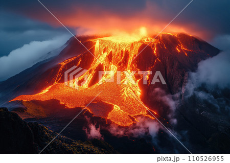 close view of a volcanic eruption with lava flows 110526955