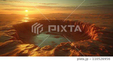 lifeless post apocalyptic landscape with a caked surface and huge craters filled with dirt 110526956