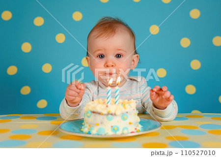 Baby boy birthday. Boy sitting at a table in front of a cake, blue background 110527010