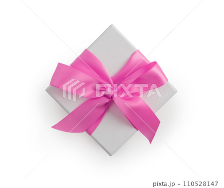 Top view of white paper present box with pink ribbon isolated on white background 110528147