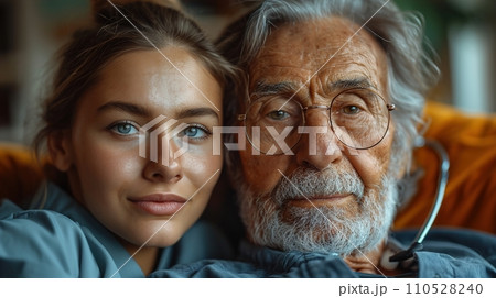 Professional care at home, A young nurse attends to a senior man, ensuring health support and compassionate eldercare in a comfortable setting,  nursing and caregiver concept, Ai generative 110528240